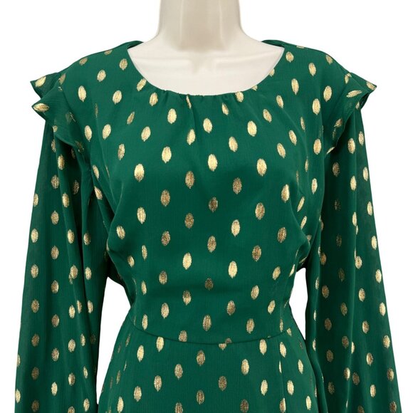 Hutch Confetti Chiffon Dress Emerald Green Gold Long Sleeve Cutout Sz 14 - Picture 2 of 15